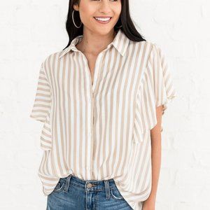 NWT Rachel Parcell Tan White Striped Weekender Top